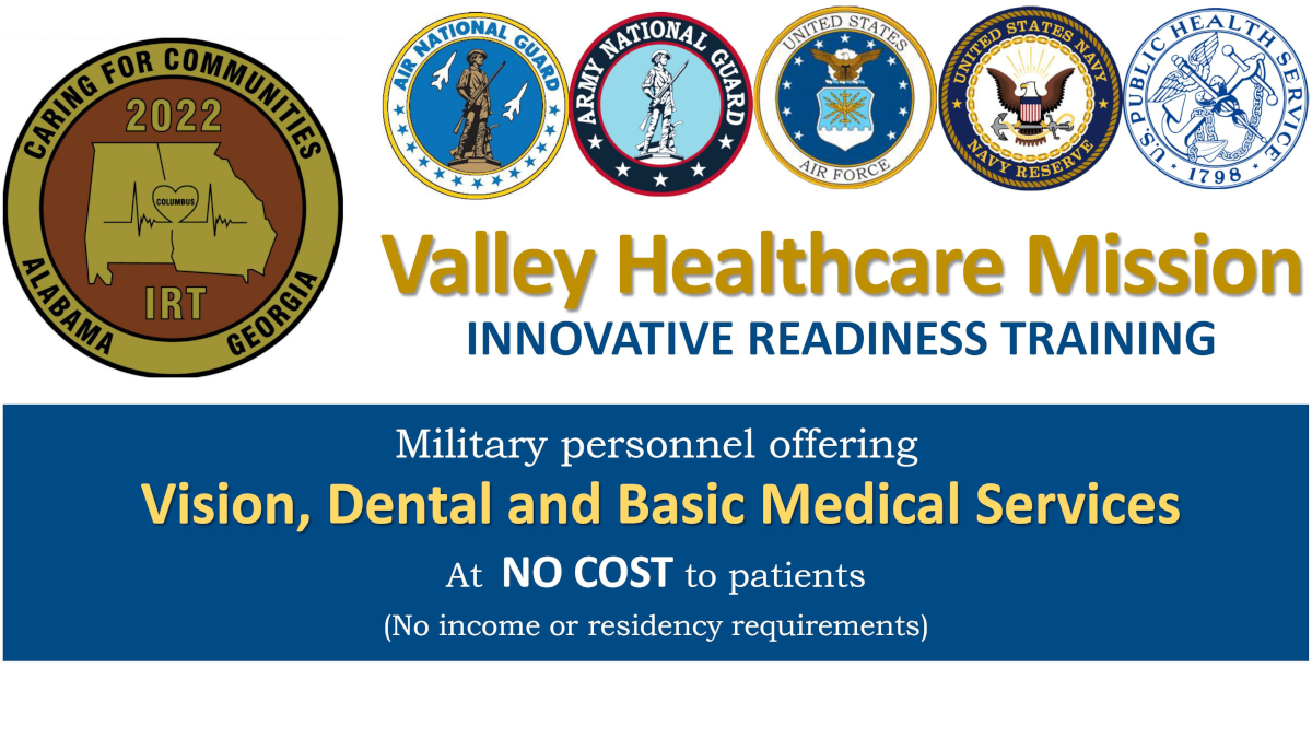 Military personnel offering Vision, Dental, and Basic Medical Services at NO COST to patients.